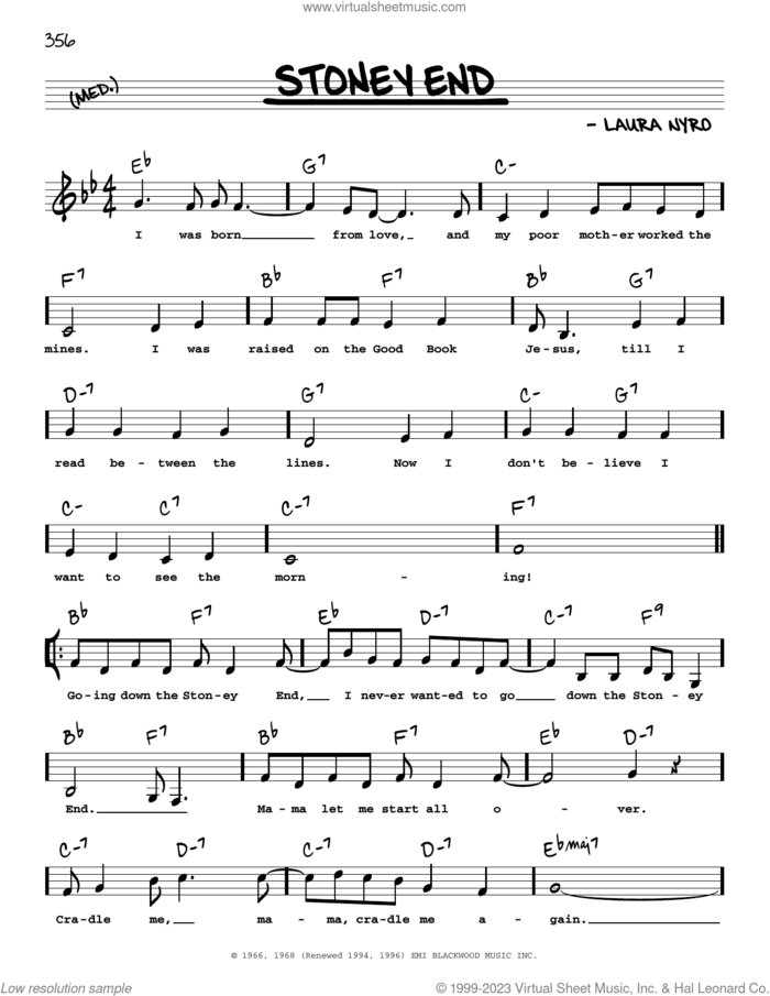 Stoney End (Low Voice) sheet music for voice and other instruments (low voice) by Barbra Streisand and Laura Nyro, intermediate skill level