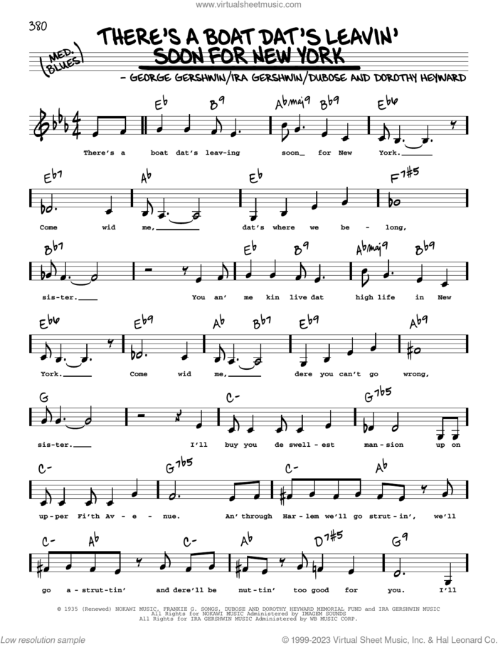 There's A Boat Dat's Leavin' Soon For New York (Low Voice) sheet music for voice and other instruments (low voice) by George Gershwin, Dorothy Heyward, DuBose Heyward and Ira Gershwin, intermediate skill level