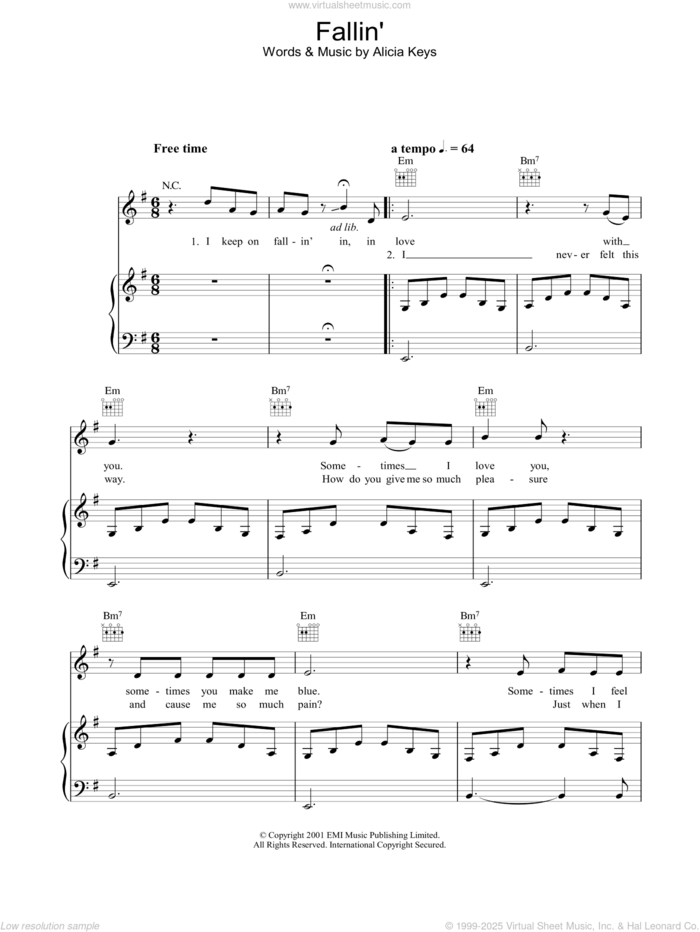 Fallin' sheet music for voice, piano or guitar by Alicia Keys, intermediate skill level