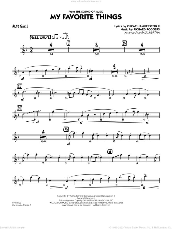 My Favorite Things sheet music for jazz band (alto sax 1) by Richard Rodgers, Oscar II Hammerstein and Paul Murtha, intermediate skill level