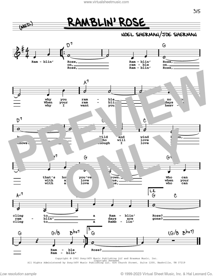 Ramblin' Rose (Low Voice) sheet music for voice and other instruments (low voice) by Nat King Cole, Joe Sherman and Noel Sherman, intermediate skill level