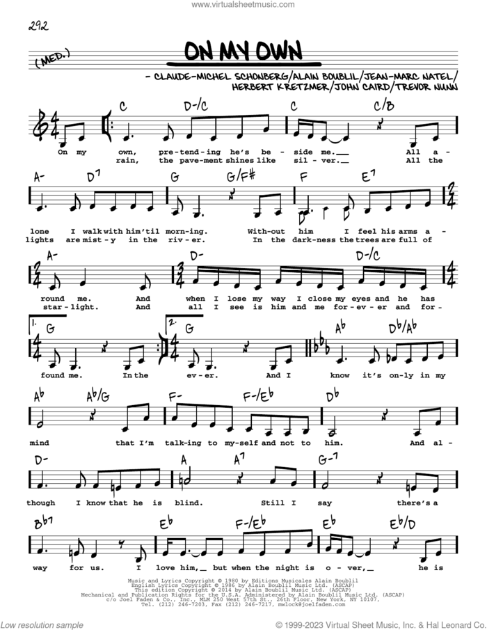On My Own (from Les Miserables) (Low Voice) sheet music for voice and other instruments (low voice) by Alain Boublil, Boublil & Schonberg, Claude-Michel Schonberg, Herbert Kretzmer, Jean-Marc Natel, John Caird and Trevor Nunn, intermediate skill level