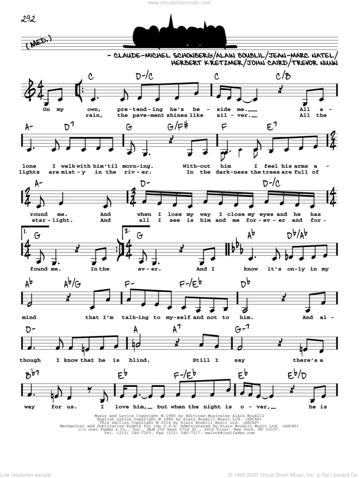 On My Own (from Les Miserables) (Low Voice) sheet music for voice and other instruments (low voice) by Alain Boublil, Boublil & Schonberg, Claude-Michel Schonberg, Herbert Kretzmer, Jean-Marc Natel, John Caird and Trevor Nunn, intermediate skill level