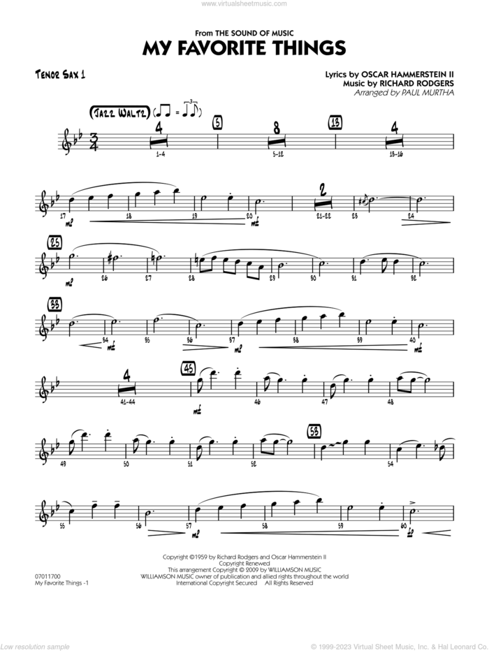 My Favorite Things sheet music for jazz band (tenor sax 1) by Richard Rodgers, Oscar II Hammerstein and Paul Murtha, intermediate skill level