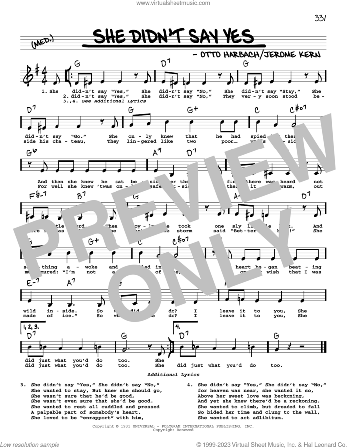 She Didn't Say Yes (Low Voice) sheet music for voice and other instruments (low voice) by Jerome Kern and Otto Harbach, intermediate skill level