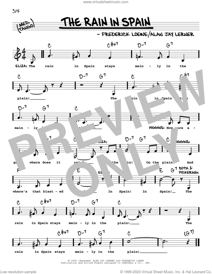 The Rain In Spain (from My Fair Lady) (Low Voice) sheet music for voice and other instruments (low voice) by Alan Jay Lerner, Frederick Loewe and Lerner & Loewe, intermediate skill level