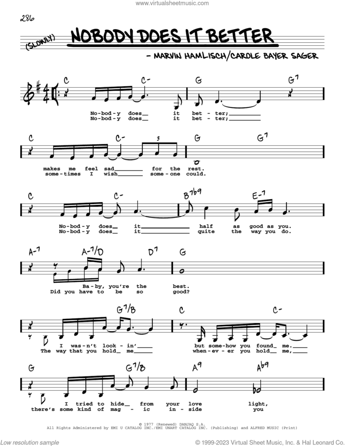 Nobody Does It Better (Low Voice) sheet music for voice and other instruments (low voice) by Carly Simon, Carole Bayer Sager and Marvin Hamlisch, intermediate skill level