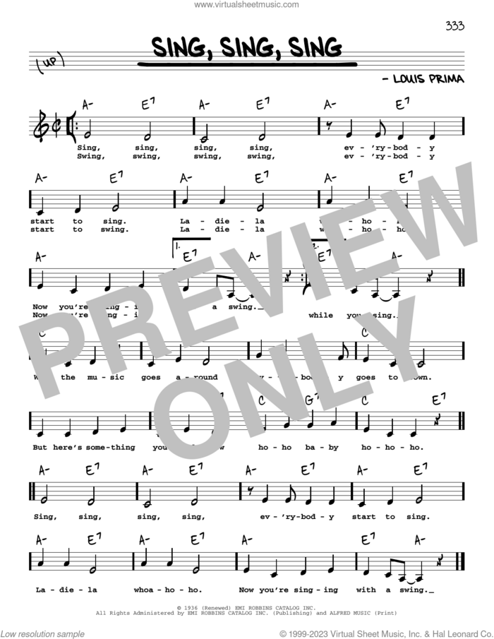 Sing, Sing, Sing (Low Voice) sheet music for voice and other instruments (low voice) by Benny Goodman and Louis Prima, intermediate skill level