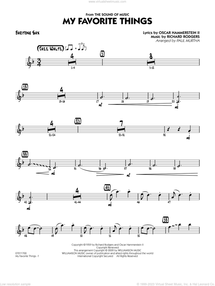 My Favorite Things sheet music for jazz band (baritone sax) by Richard Rodgers, Oscar II Hammerstein and Paul Murtha, intermediate skill level