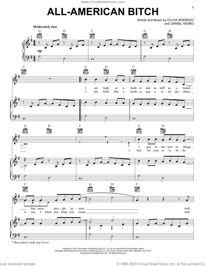 all-american bitch sheet music for voice, piano or guitar by Olivia Rodrigo and Daniel Nigro, intermediate skill level