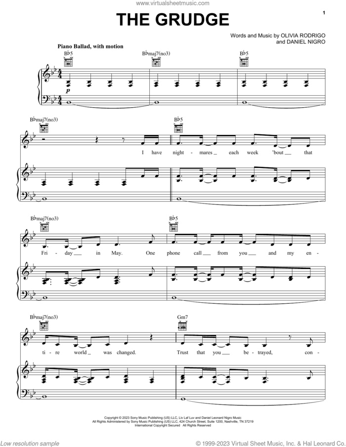 the grudge sheet music for voice, piano or guitar by Olivia Rodrigo and Daniel Nigro, intermediate skill level