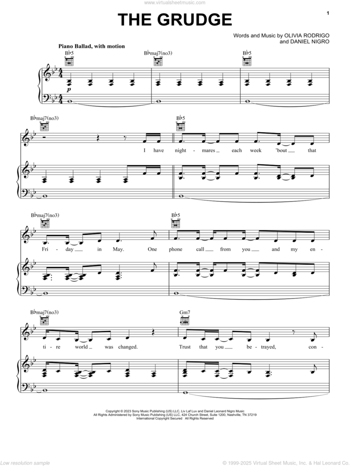 the grudge sheet music for voice, piano or guitar by Olivia Rodrigo and Daniel Nigro, intermediate skill level