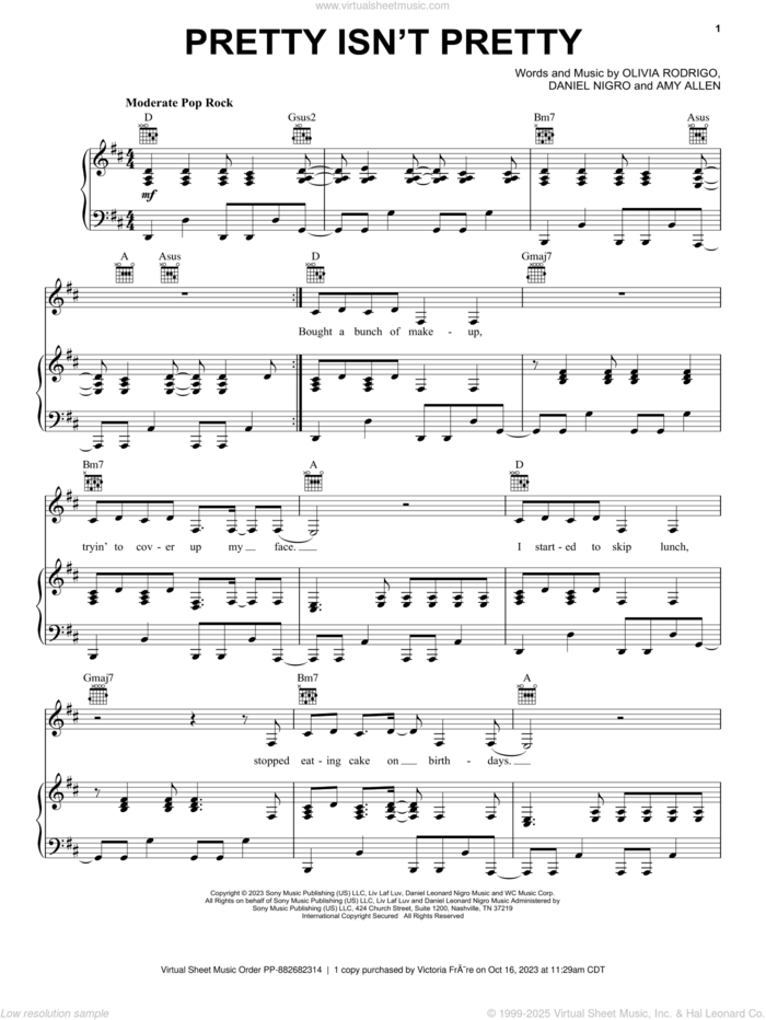 pretty isn't pretty sheet music for voice, piano or guitar by Olivia Rodrigo, Amy Allen and Daniel Nigro, intermediate skill level