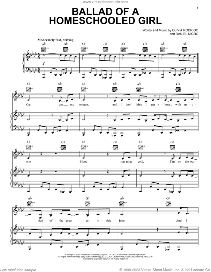 ballad of a homeschooled girl sheet music for voice, piano or guitar by Olivia Rodrigo and Daniel Nigro, intermediate skill level