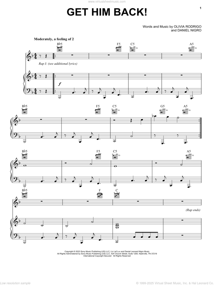 get him back! sheet music for voice, piano or guitar by Olivia Rodrigo and Daniel Nigro, intermediate skill level