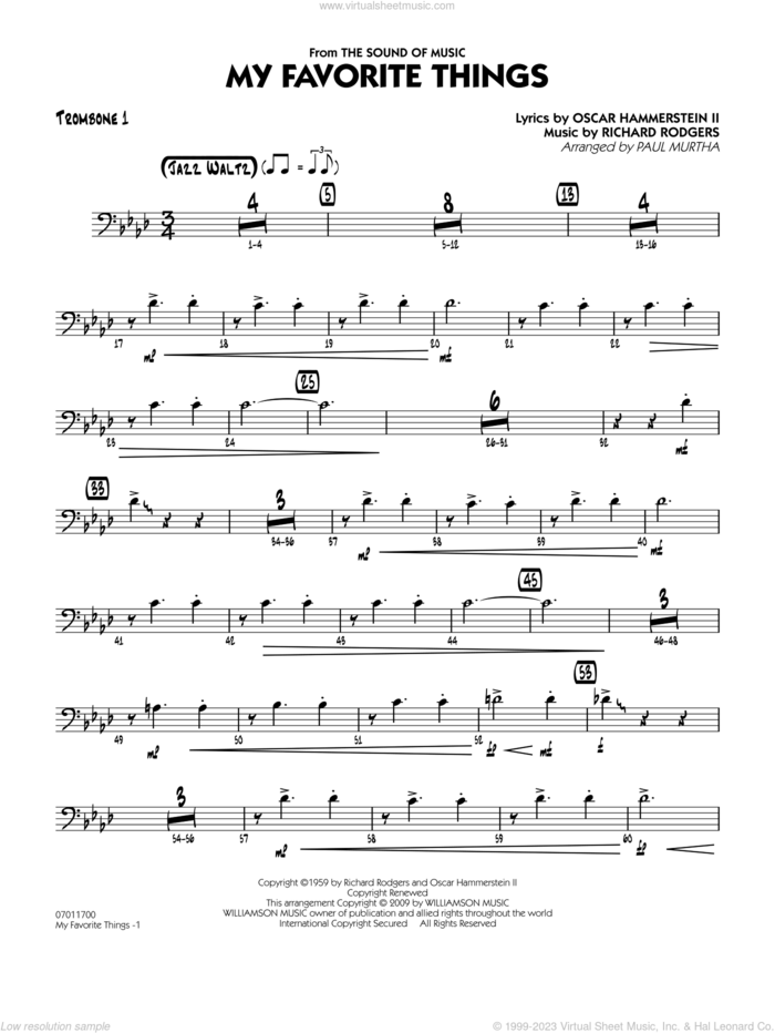 My Favorite Things sheet music for jazz band (trombone 1) by Richard Rodgers, Oscar II Hammerstein and Paul Murtha, intermediate skill level