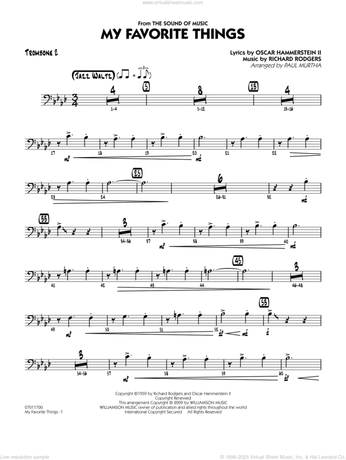 My Favorite Things sheet music for jazz band (trombone 2) by Richard Rodgers, Oscar II Hammerstein and Paul Murtha, intermediate skill level
