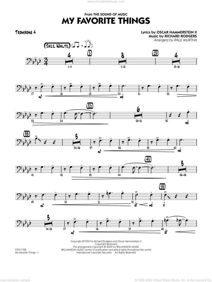 My Favorite Things sheet music for jazz band (trombone 4) by Richard Rodgers, Oscar II Hammerstein and Paul Murtha, intermediate skill level