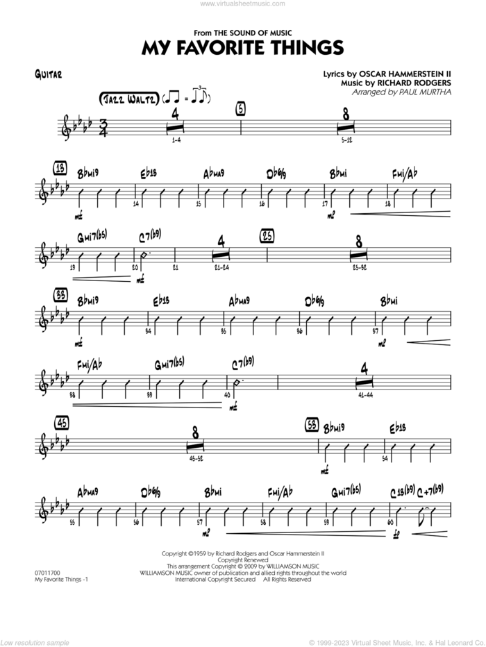 My Favorite Things sheet music for jazz band (guitar) by Richard Rodgers, Oscar II Hammerstein and Paul Murtha, intermediate skill level