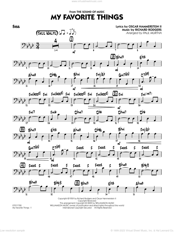 My Favorite Things sheet music for jazz band (bass) by Richard Rodgers, Oscar II Hammerstein and Paul Murtha, intermediate skill level