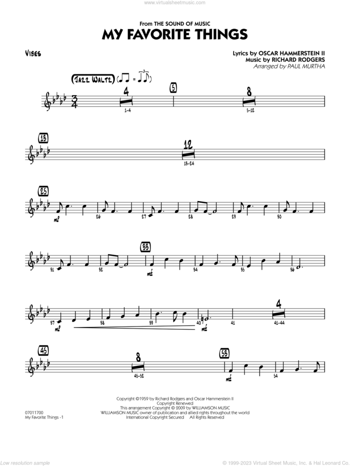 My Favorite Things sheet music for jazz band (vibes) by Richard Rodgers, Oscar II Hammerstein and Paul Murtha, intermediate skill level