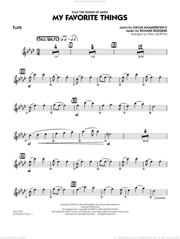 My Favorite Things sheet music for jazz band (flute) by Richard Rodgers, Oscar II Hammerstein and Paul Murtha, intermediate skill level