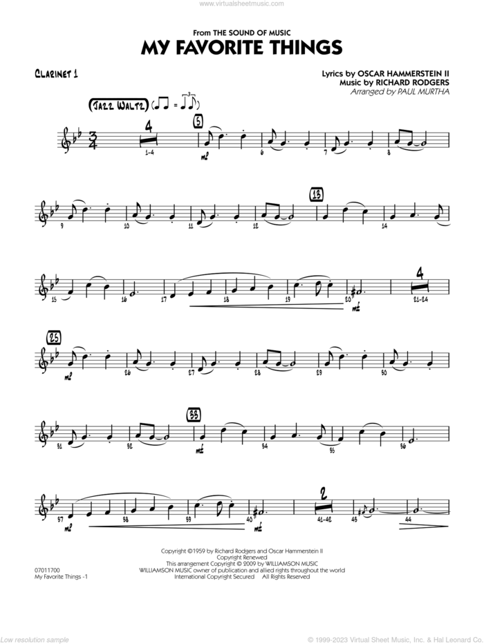 My Favorite Things sheet music for jazz band (clarinet 1) by Richard Rodgers, Oscar II Hammerstein and Paul Murtha, intermediate skill level