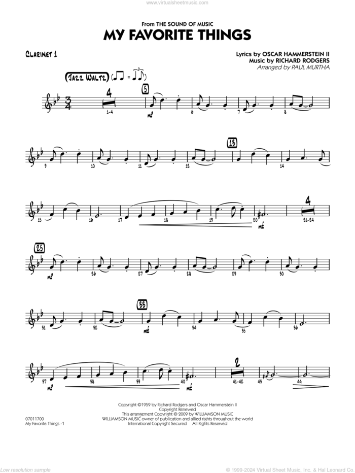 My Favorite Things sheet music for jazz band (clarinet 1) by Richard Rodgers, Oscar II Hammerstein and Paul Murtha, intermediate skill level