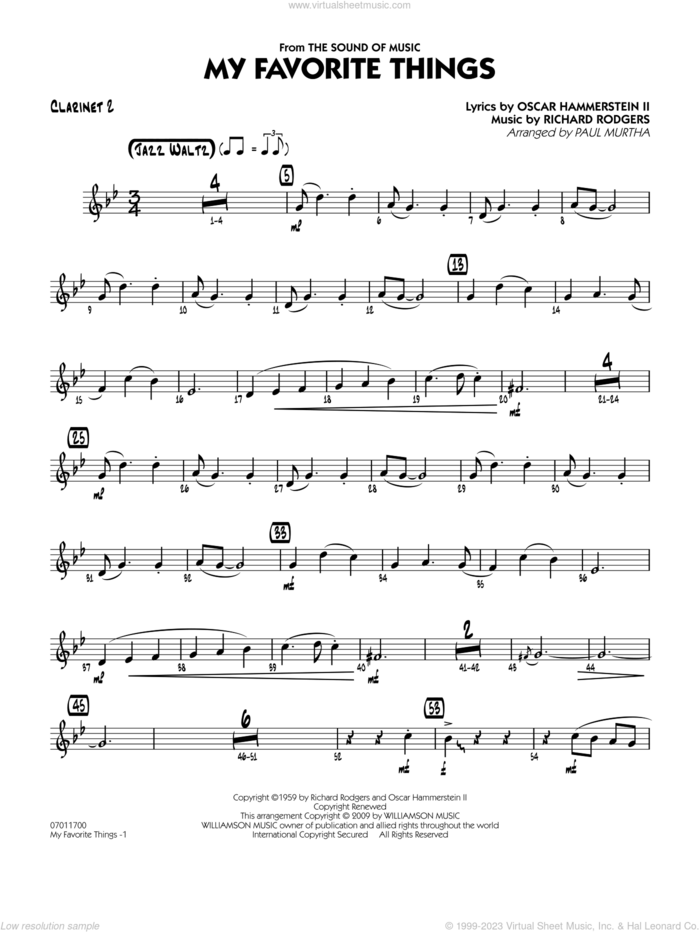 My Favorite Things sheet music for jazz band (clarinet 2) by Richard Rodgers, Oscar II Hammerstein and Paul Murtha, intermediate skill level