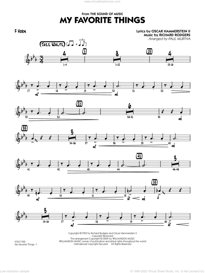 My Favorite Things sheet music for jazz band (f horn) by Richard Rodgers, Oscar II Hammerstein and Paul Murtha, intermediate skill level