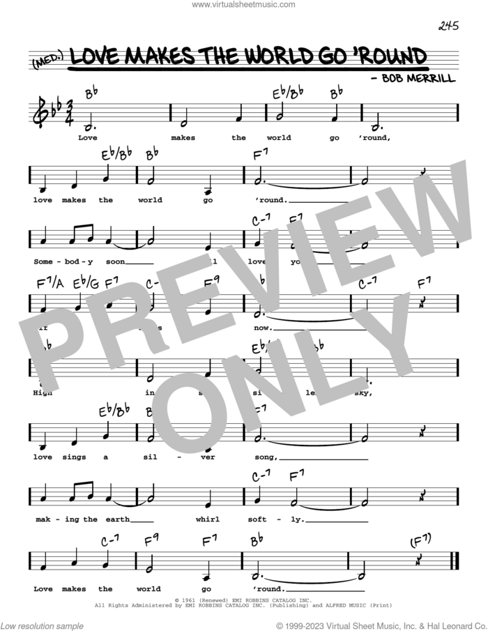 Love Makes The World Go 'round (Low Voice) sheet music for voice and other instruments (low voice) by Bob Merrill, intermediate skill level