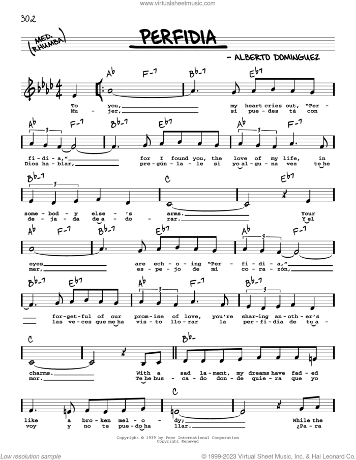Perfidia (Low Voice) sheet music for voice and other instruments (low voice) by The Ventures and Alberto Dominguez, intermediate skill level
