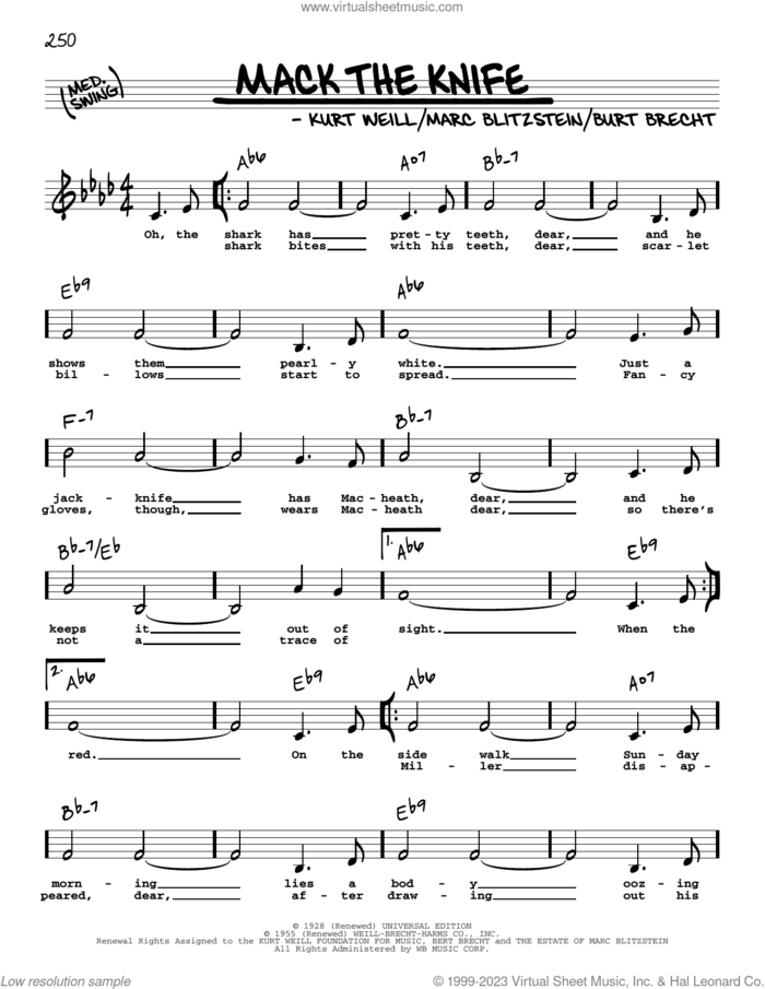 Mack The Knife (Low Voice) sheet music for voice and other instruments (low voice) by Bobby Darin, Bertolt Brecht, Kurt Weill and Marc Blitzstein, intermediate skill level