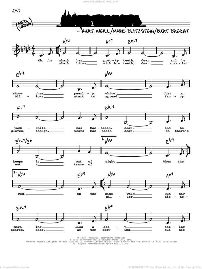 Mack The Knife (Low Voice) sheet music for voice and other instruments (low voice) by Bobby Darin, Bertolt Brecht, Kurt Weill and Marc Blitzstein, intermediate skill level