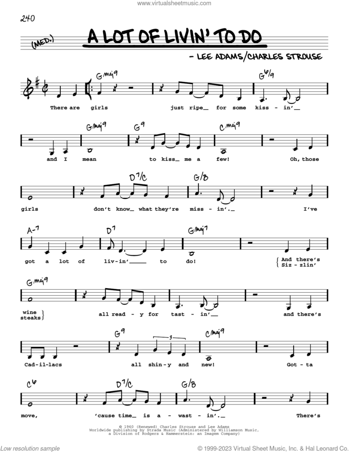 A Lot Of Livin' To Do (Low Voice) sheet music for voice and other instruments (low voice) by Bryan Adams, Charles Strouse and Lee Adams, intermediate skill level