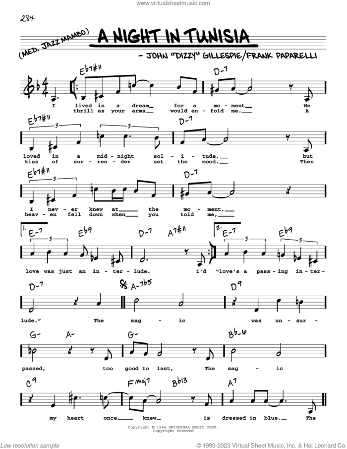 A Night In Tunisia (Low Voice) sheet music for voice and other instruments (low voice) by Dizzy Gillespie and Frank Paparelli, intermediate skill level
