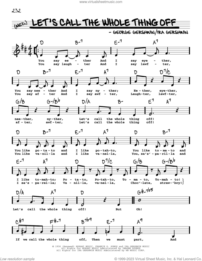Let's Call The Whole Thing Off (Low Voice) sheet music for voice and other instruments (low voice) by George Gershwin & Ira Gershwin, George Gershwin and Ira Gershwin, intermediate skill level