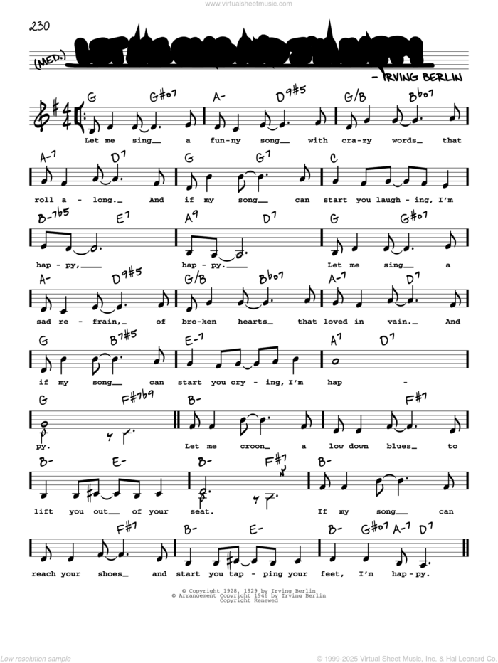 Let Me Sing And I'm Happy (Low Voice) sheet music for voice and other instruments (low voice) by Irving Berlin, intermediate skill level