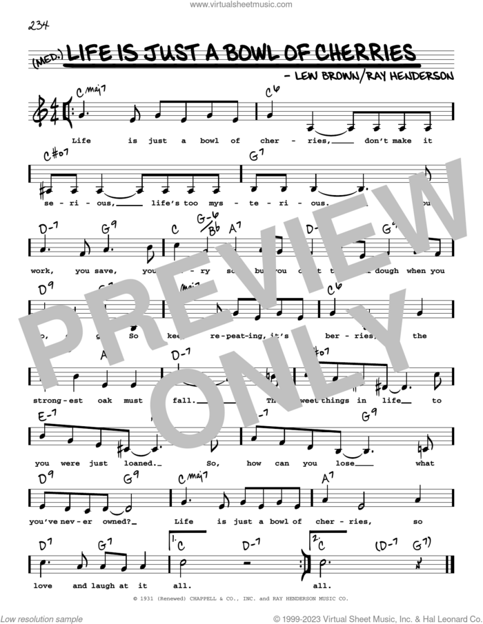 Life Is Just A Bowl Of Cherries (Low Voice) sheet music for voice and other instruments (low voice) by Ray Henderson and Lew Brown, intermediate skill level