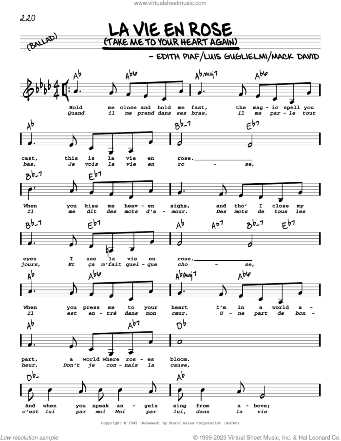 La Vie En Rose (Take Me To Your Heart Again) (Low Voice) sheet music for voice and other instruments (low voice) by Edith Piaf, Mack David and Marcel Louiguy, intermediate skill level