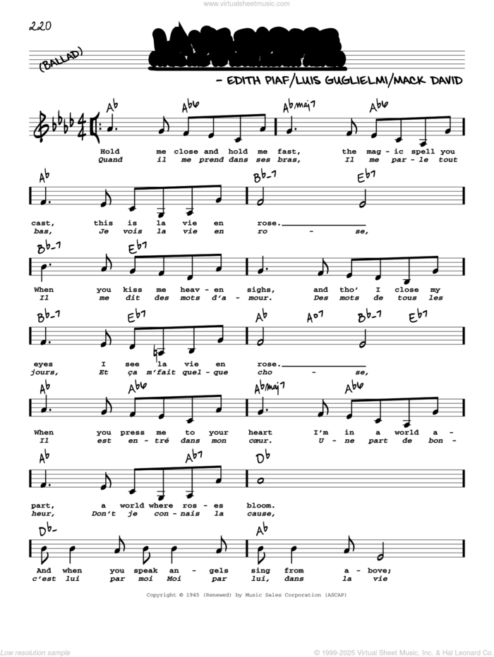 La Vie En Rose (Take Me To Your Heart Again) (Low Voice) sheet music for voice and other instruments (low voice) by Edith Piaf, Mack David and Marcel Louiguy, intermediate skill level