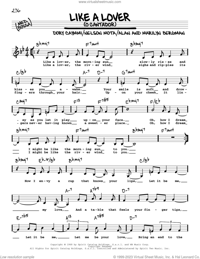 Like A Lover (O Cantador) (Low Voice) sheet music for voice and other instruments (low voice) by Dori Caymmi, Alan Bergman and Marilyn Bergman, intermediate skill level
