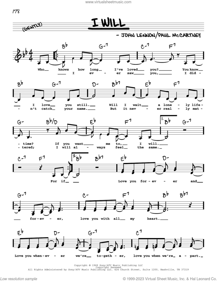 I Will (Low Voice) sheet music for voice and other instruments (low voice) by The Beatles, John Lennon and Paul McCartney, wedding score, intermediate skill level