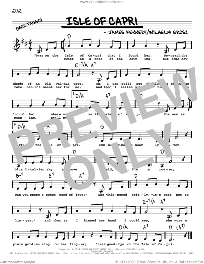 Isle Of Capri (Low Voice) sheet music for voice and other instruments (low voice) by Frank Sinatra, James Kennedy and Will Grosz, intermediate skill level