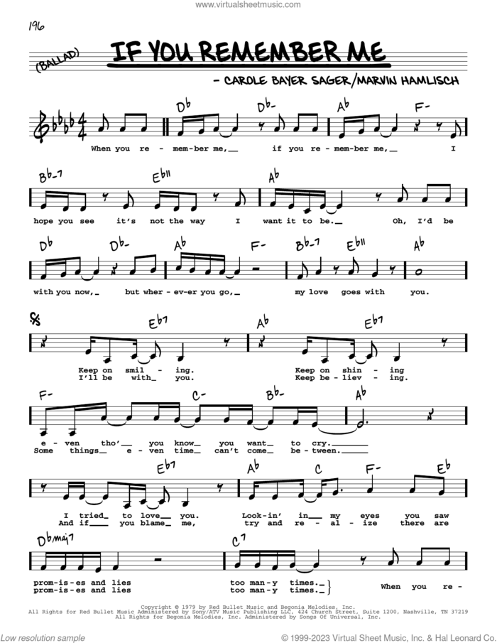 If You Remember Me (Low Voice) sheet music for voice and other instruments (low voice) by Carole Bayer Sager and Marvin Hamlisch, intermediate skill level