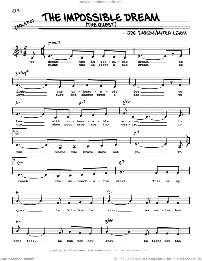 The Impossible Dream (The Quest) (Low Voice) sheet music for voice and other instruments (low voice) by Mitch Leigh and Joe Darion, intermediate skill level