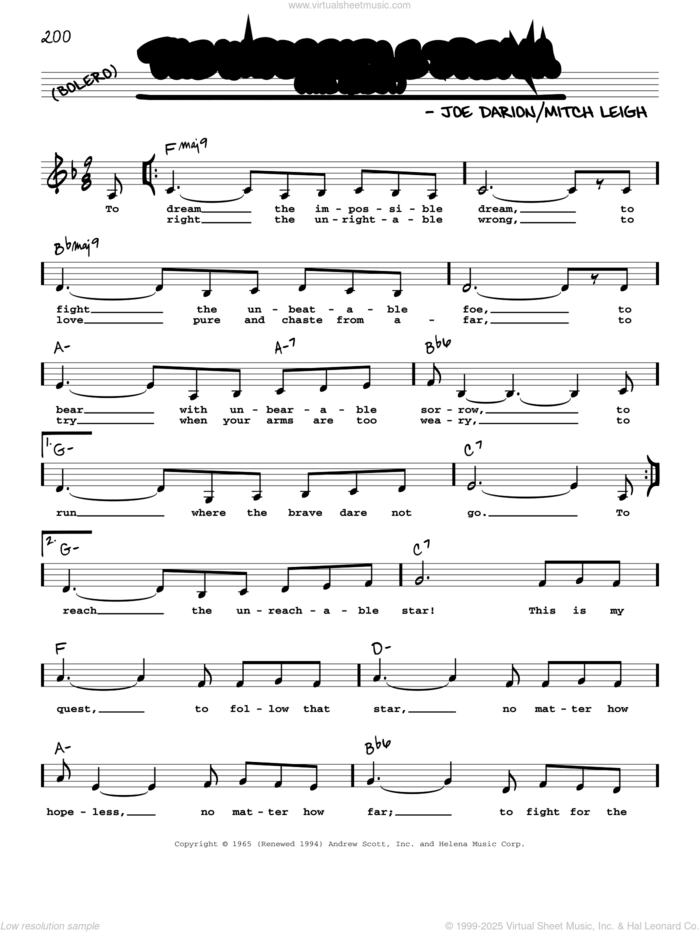 The Impossible Dream (The Quest) (Low Voice) sheet music for voice and other instruments (low voice) by Mitch Leigh and Joe Darion, intermediate skill level