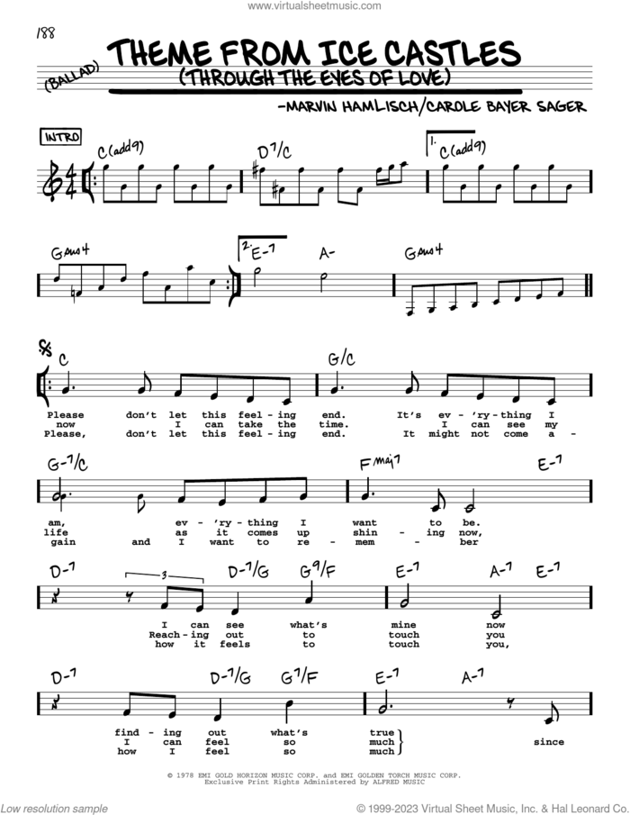 Theme From Ice Castles (Through The Eyes Of Love) (Low Voice) sheet music for voice and other instruments (low voice) by Carole Bayer Sager and Marvin Hamlisch, intermediate skill level