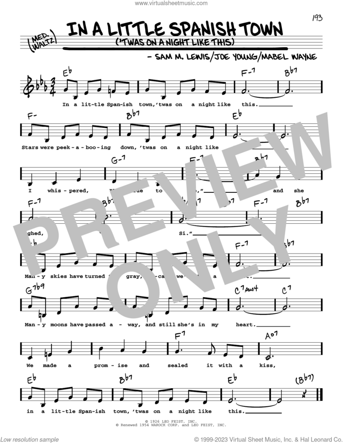 In A Little Spanish Town ('Twas On A Night Like This) (Low Voice) sheet music for voice and other instruments (low voice) by Joe Young, Mabel Wayne and Sam Lewis, intermediate skill level