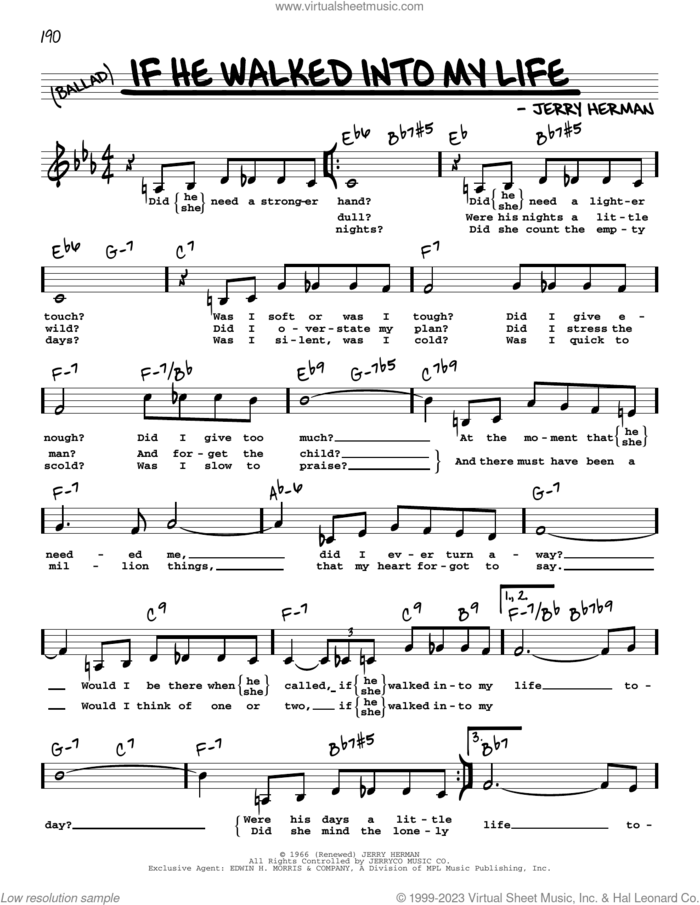 If He Walked Into My Life (Low Voice) sheet music for voice and other instruments (low voice) by Jerry Herman, intermediate skill level